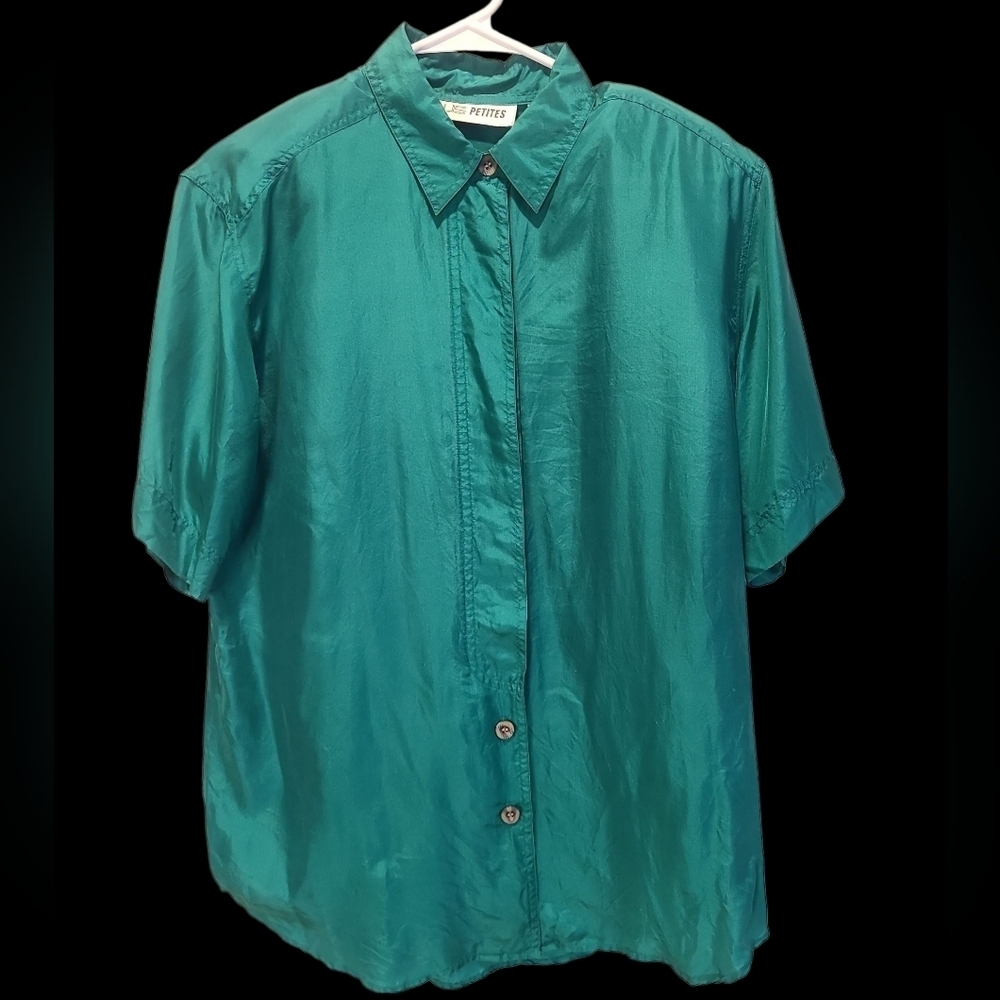 Chause Vintage 100% Silk Turquoise Button Down Shirt Size 10